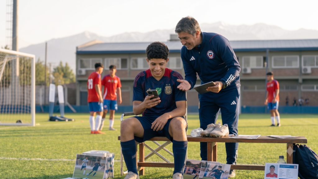 Entrenador conversando con un futbolista juvenil sobre su desarrollo deportivo.