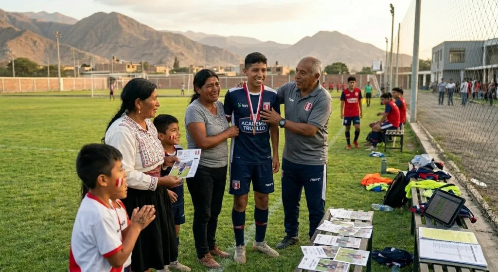 Familia apoyando el crecimiento deportivo de un futbolista juvenil peruano.