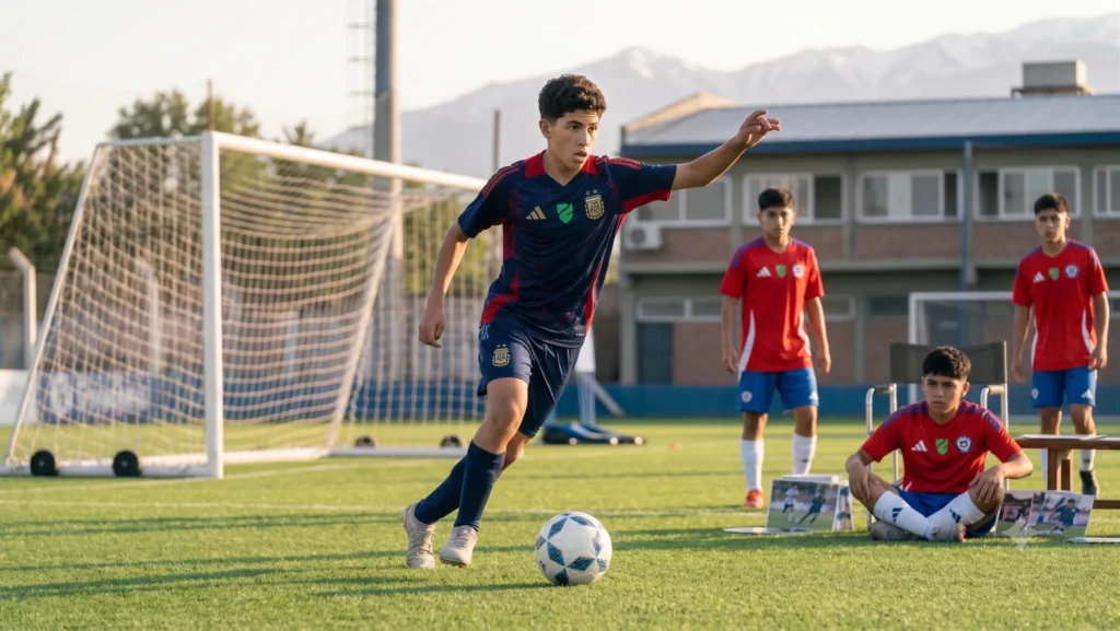 Futbolista juvenil chileno desarrollando su potencial durante un entrenamiento.
