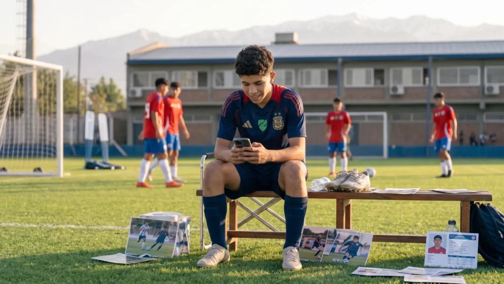 Jugador juvenil chileno revisando su información deportiva después de entrenar.