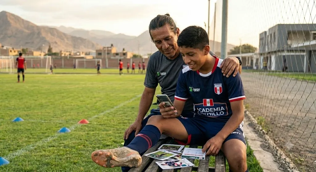 Padre e hijo revisando información deportiva para futuras oportunidades futbolísticas.