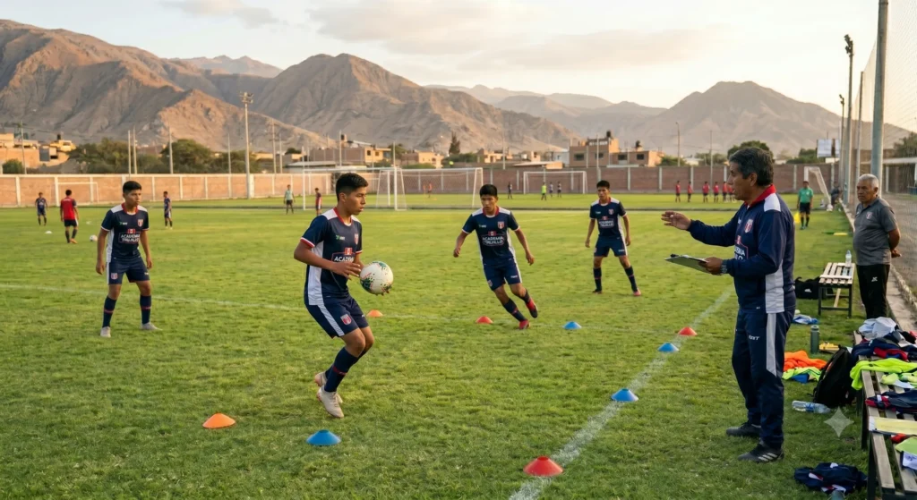 Jóvenes futbolistas peruanos desarrollando su talento en una academia de fútbol.